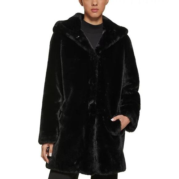 Women DKNY Black Faux Fur Hooded Coat Jacket Pockets Sz XL $380 - Picture 2 of 16